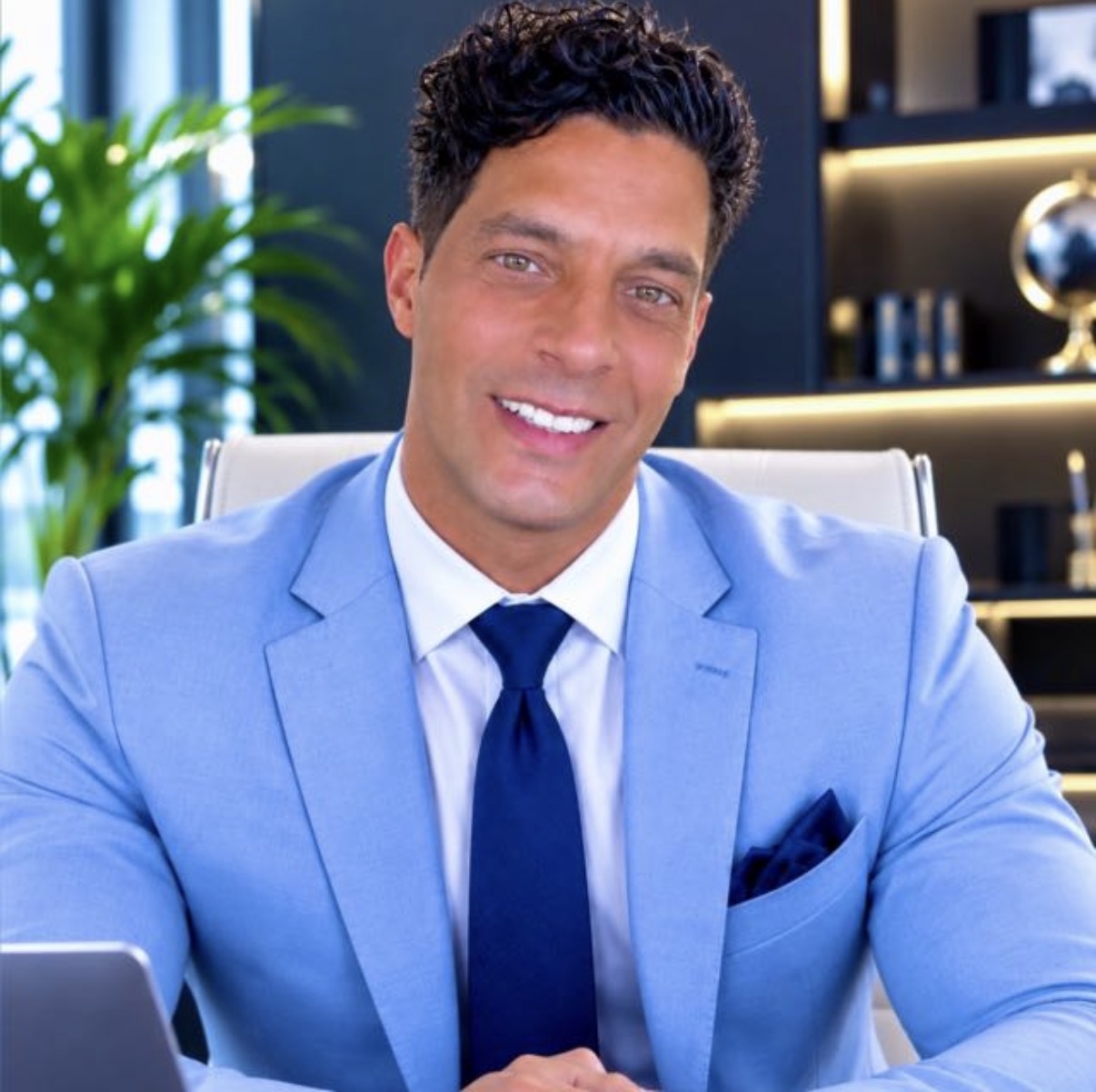 Sami Velioglou in his blue suit at his desk